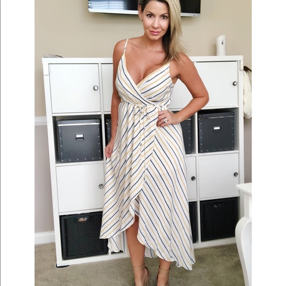 White with Blue & Mustard Stripes Wrap Maxi Dress - Picture 6 of 8